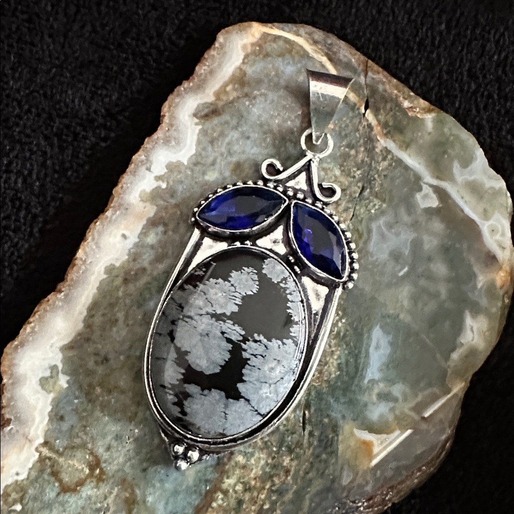 Artisan Hand Crafted Snowflake Obsidian Pendant with Blue Tanzanite Stones